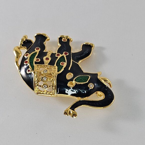Vintage Gold-Tone Enamel Elephant Brooch Pin With Rhinestones & Red Accents - Picture 6 of 8